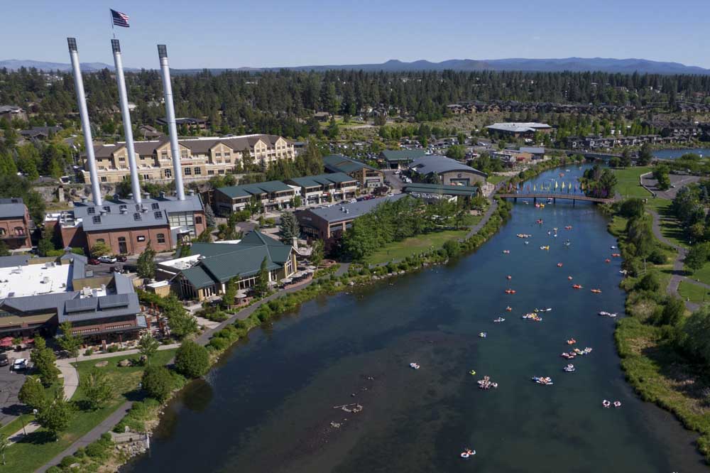 The Old Mill District along the Deschutes River in Bend, Oregon