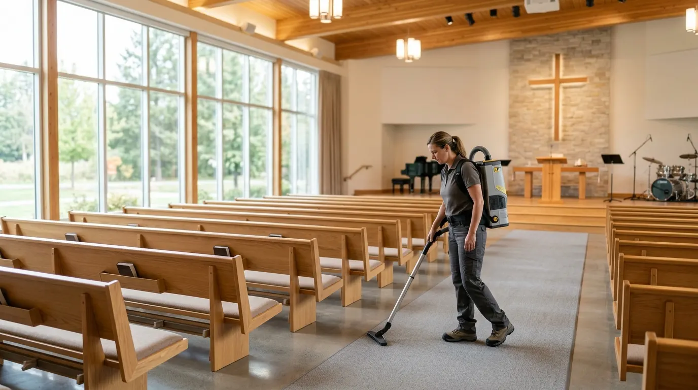 Professional cleaner tidying a church sanctuary in Bend, Oregon