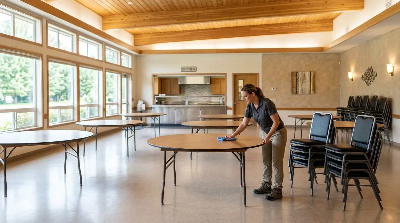 Cleaner detailing a church fellowship hall in Redmond, Oregon