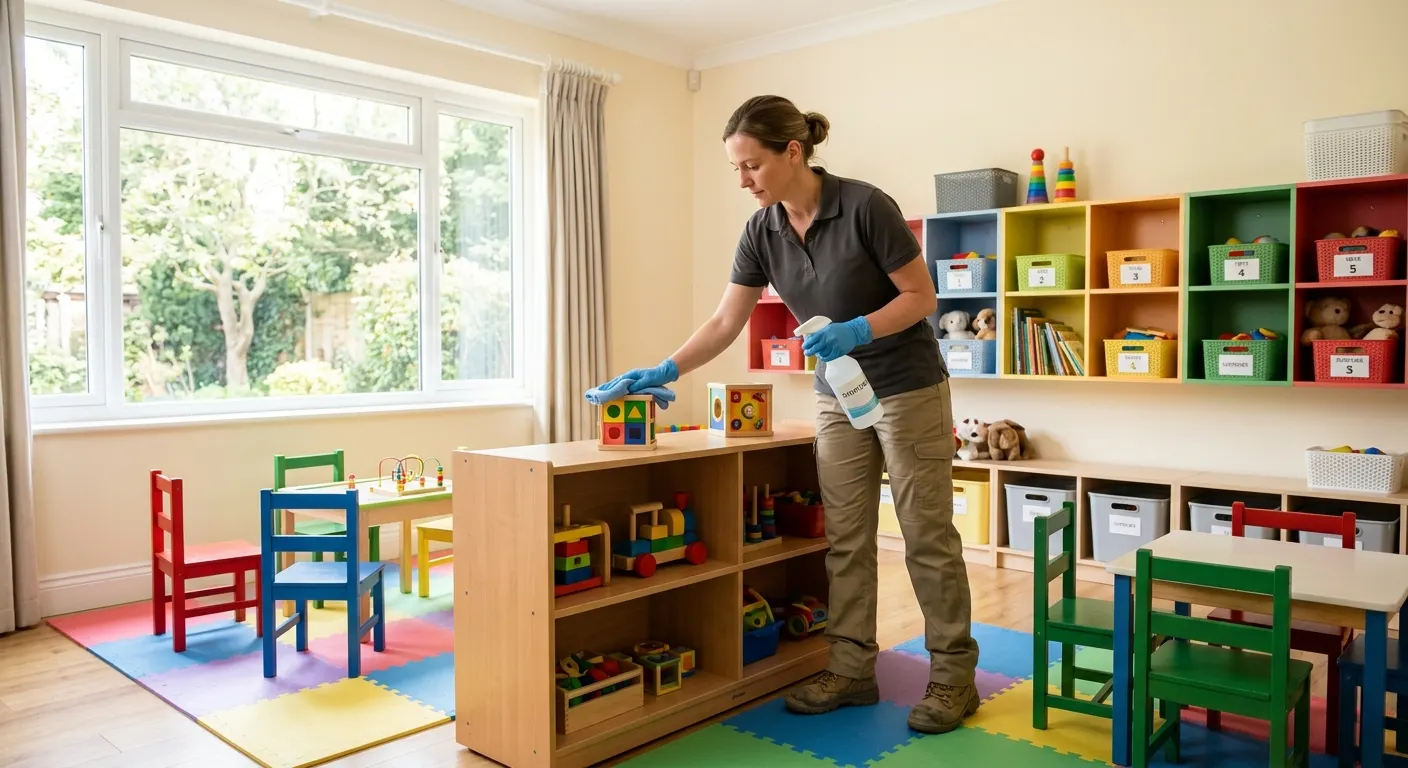 Cleaner sanitizing toys in a church nursery in Redmond, Oregon