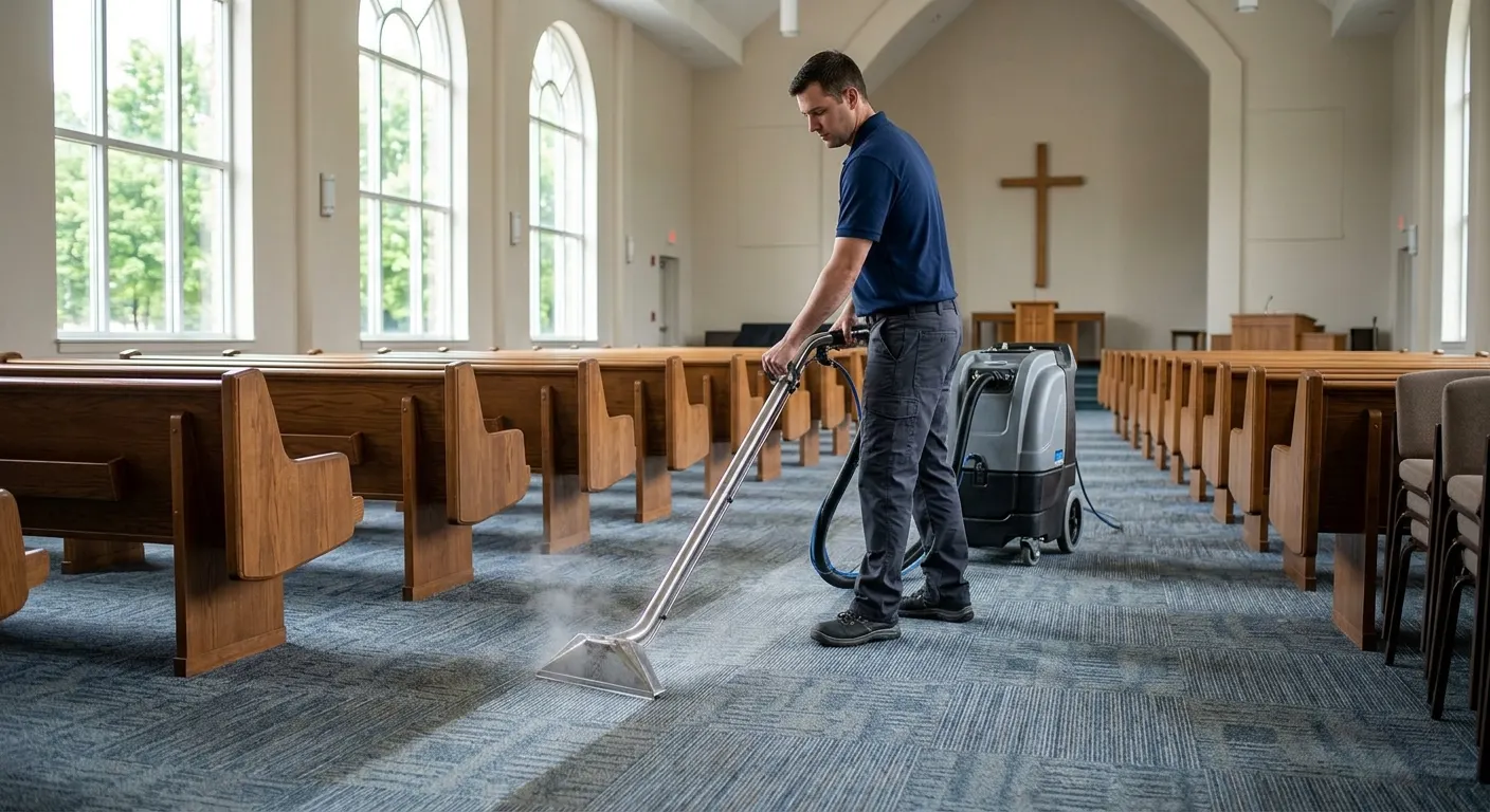 Technician hot-water-extracting sanctuary carpet in a Bend, Oregon church