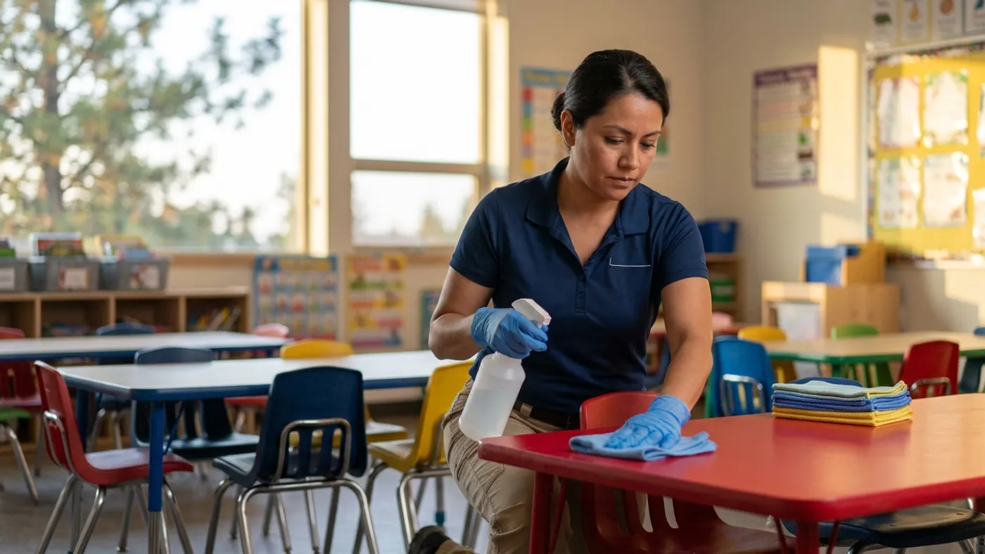 Cleaner disinfecting a classroom table in a Bend, Oregon preschool