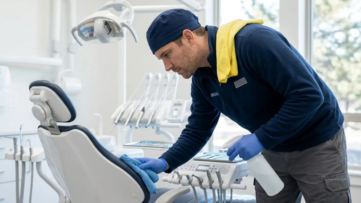 Cleaner disinfecting a dental operatory chair in a Bend, Oregon practice