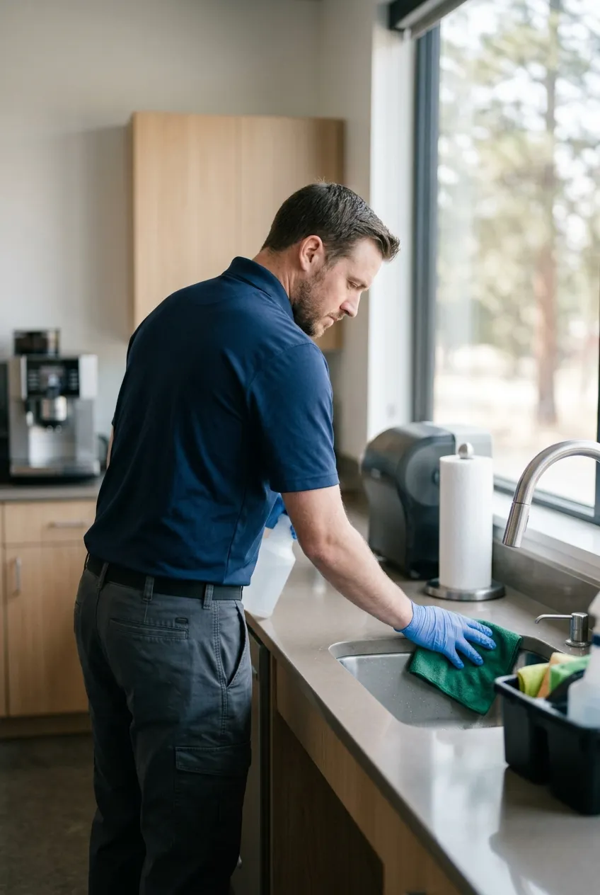 Cleaner wiping down a breakroom counter and sink in a Bend, Oregon office