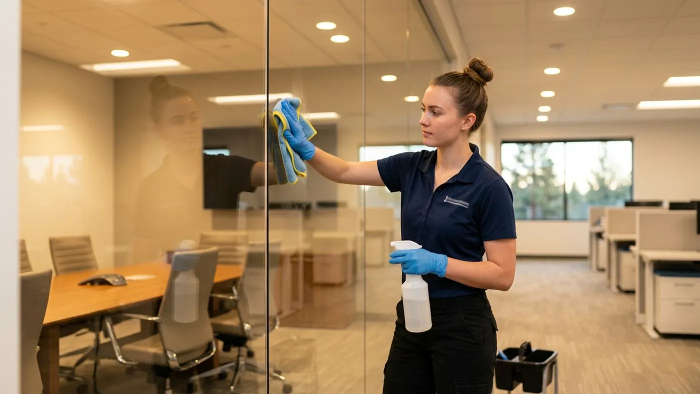 Cleaner wiping down conference room glass in a Bend, Oregon open-plan office