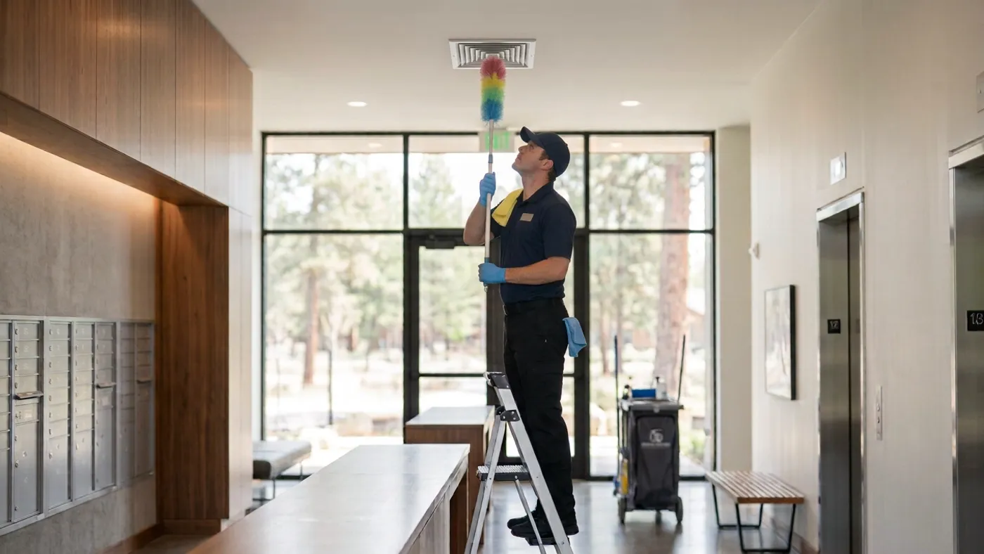 Cleaner high-dusting a ceiling vent in a Bend, Oregon building lobby with mailboxes and elevators
