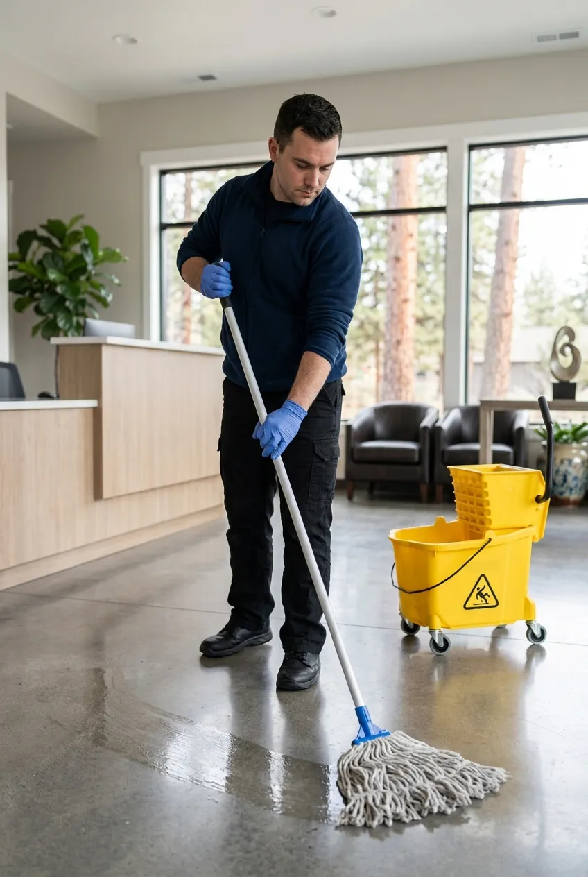 Cleaner mopping a lobby floor by the reception desk in a Bend, Oregon building