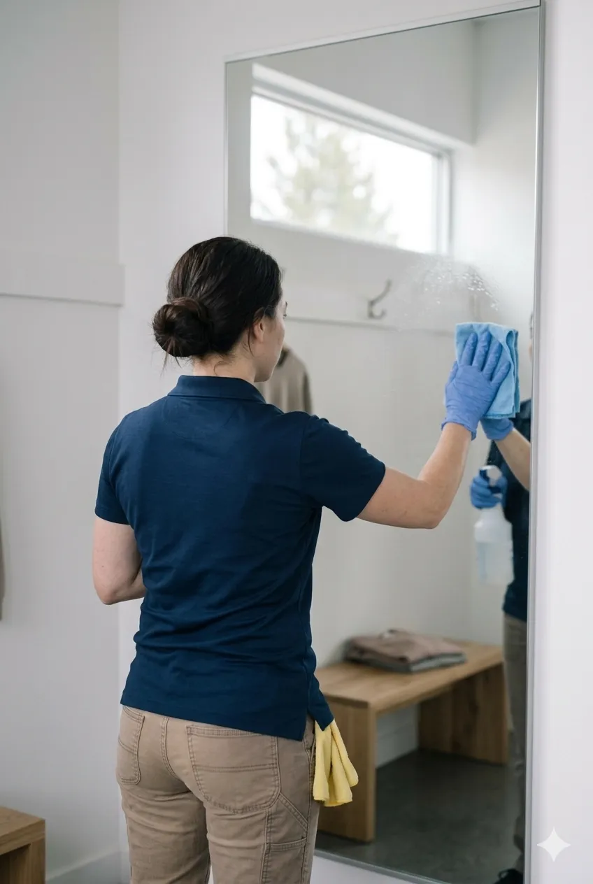 Cleaner wiping a fitting room mirror in a Bend, Oregon retail store