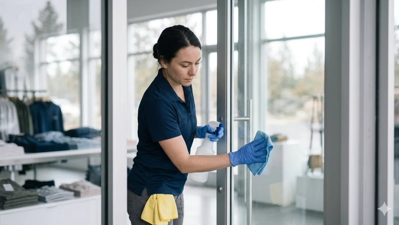 Cleaner wiping the glass entrance door of a Bend, Oregon retail store