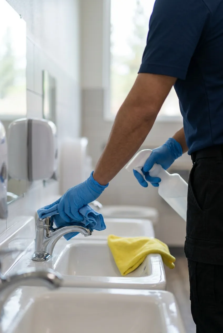 Cleaner wiping down a child-height restroom sink in a Bend, Oregon school