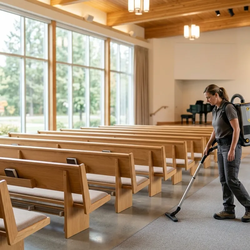 Church Cleaning Services in Bend, Oregon Cleaner tidying a church sanctuary in Bend, Oregon