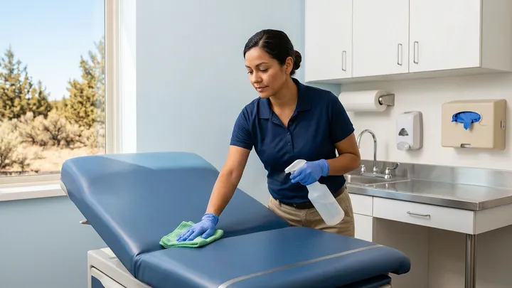 Medical & Dental Office Cleaning in Bend, Oregon Technician disinfecting a medical exam room in Bend, Oregon