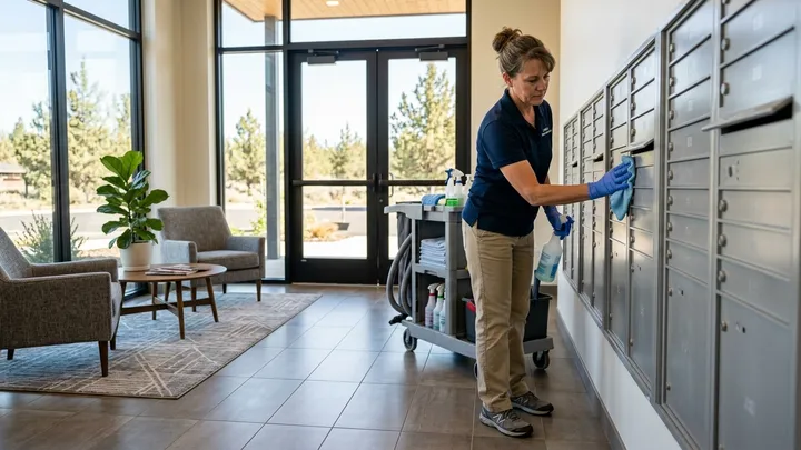 Property Management Cleaning in Bend, Oregon Cleaner mopping a multi-tenant building lobby in Bend, Oregon