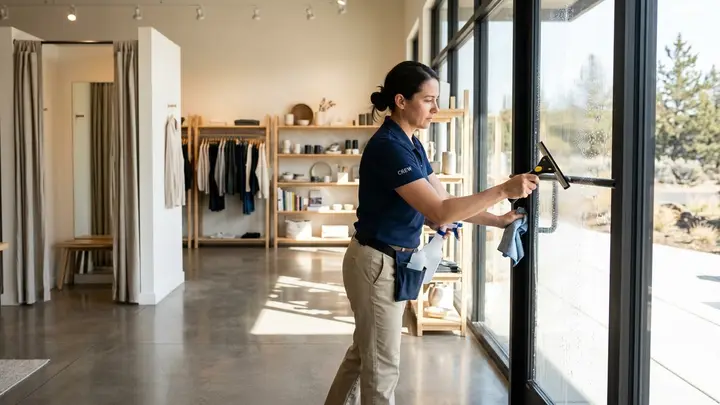 Retail Store Cleaning in Bend, Oregon Cleaner detailing retail entrance glass in Bend, Oregon