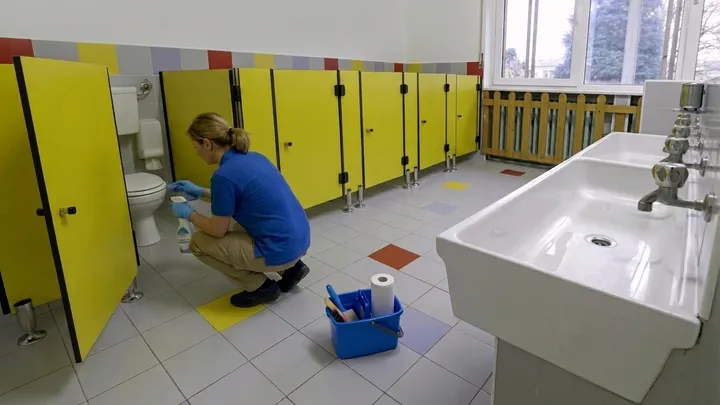 School & Daycare Cleaning in Bend, Oregon Cleaner sanitizing classroom tables at a Bend, Oregon school
