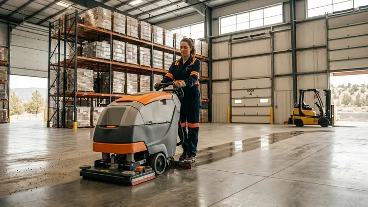 Warehouse & Industrial Cleaning in Bend, Oregon Worker scrubbing a warehouse concrete floor in Bend, Oregon