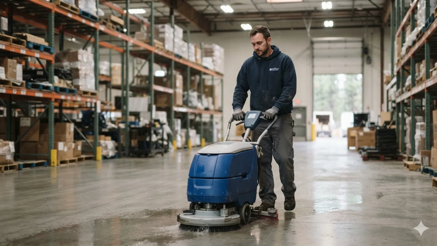 Worker running a walk-behind auto-scrubber down a warehouse aisle in Bend, Oregon
