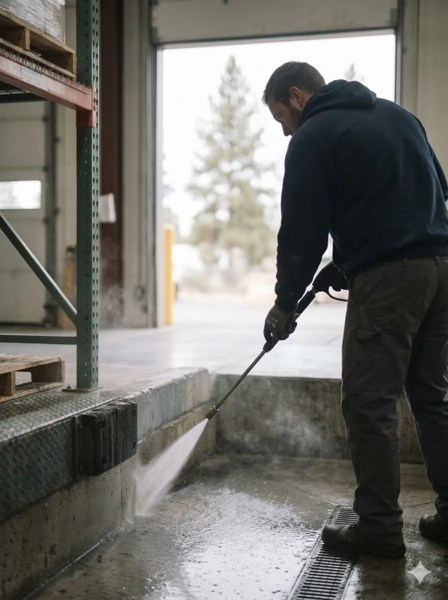 Worker pressure washing a warehouse loading dock in Bend, Oregon