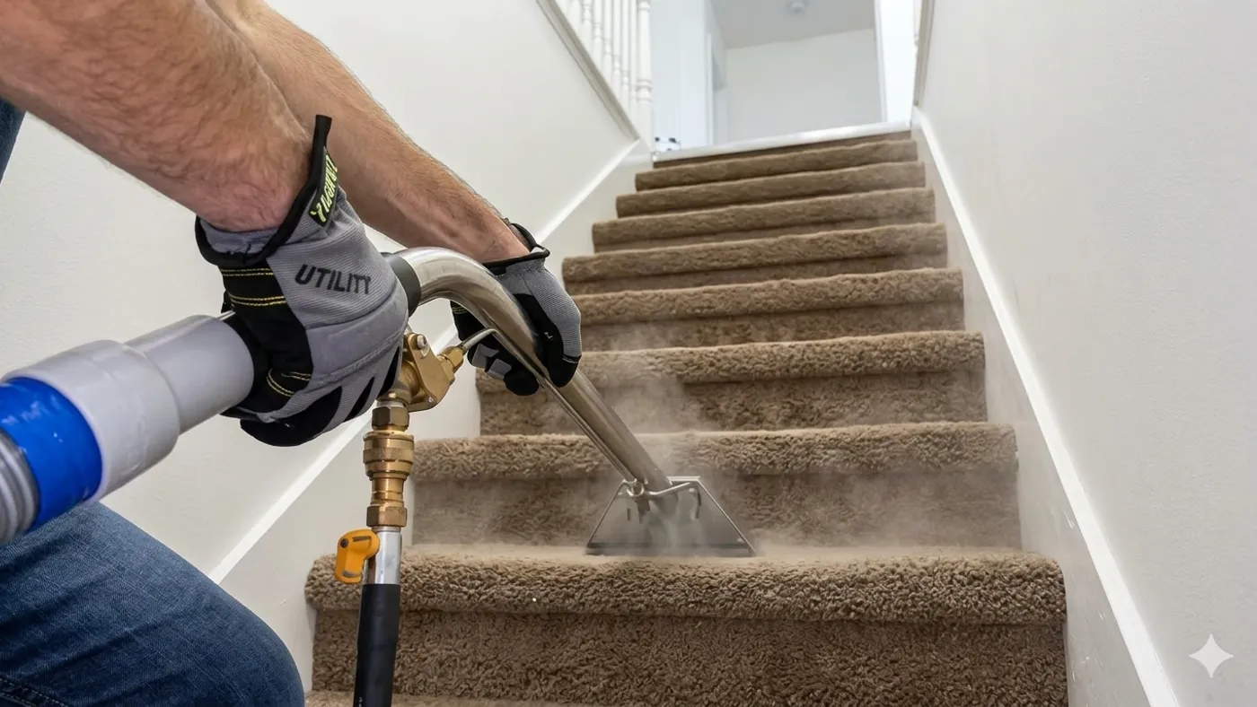 Technician hot-water extracting a living room carpet in a Bend, Oregon home