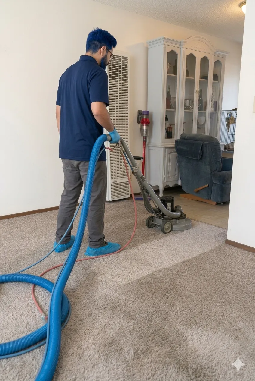 Carpet wand lifting soil from a traffic lane during hot water extraction in a Bend, Oregon home