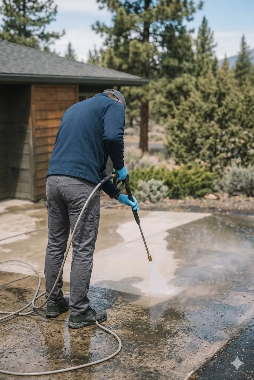 Even, stripe-free driveway cleaning with a surface cleaner at a Bend, Oregon home