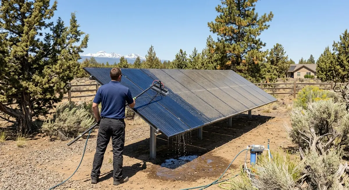 Ground-mount home solar array being cleaned with purified water on an acreage property near Bend, Oregon
