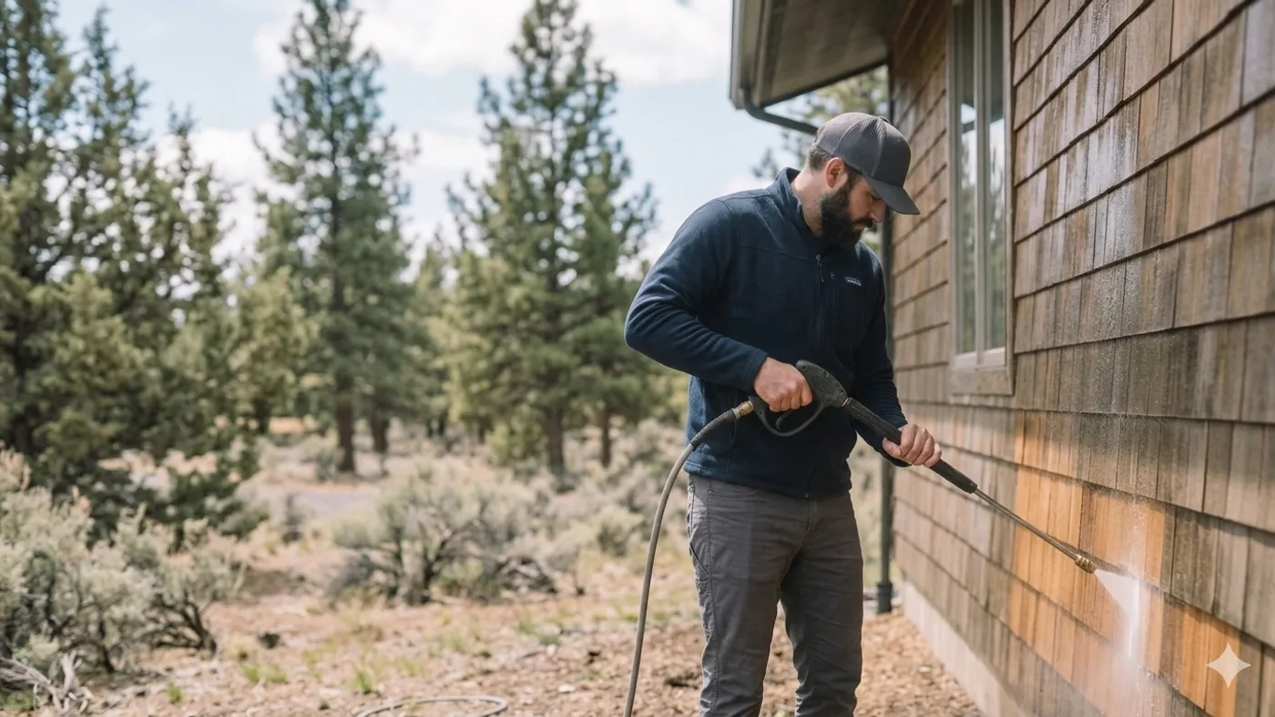 Surface cleaner removing winter cinder stain from a concrete driveway at a Bend, Oregon home