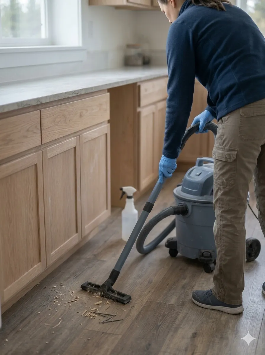 Top-down dusting of high surfaces during a post-construction cleaning in a Bend, Oregon home
