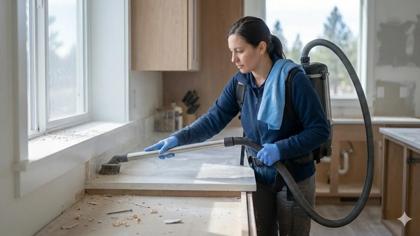 Cleaner removing fine drywall dust from a newly remodeled kitchen in Bend, Oregon