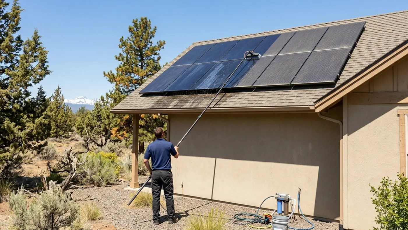 Technician cleaning a rooftop home solar array with a water-fed pole in Bend, Oregon