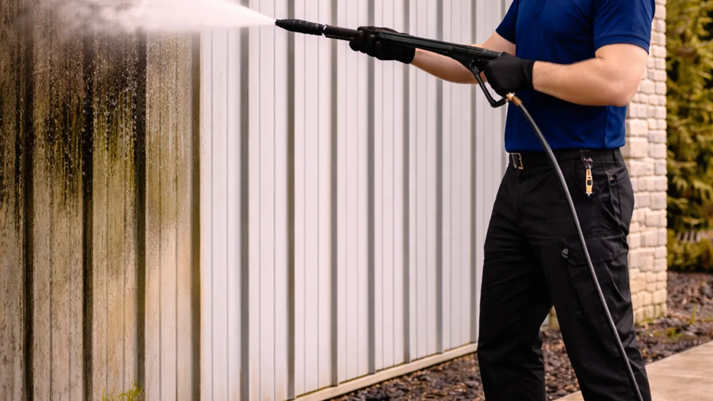 Pressure washing the exterior of a commercial building in Bend, Oregon