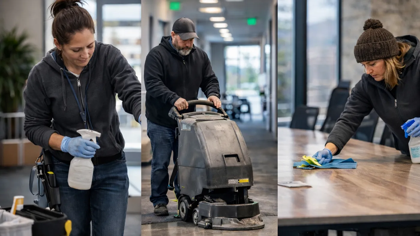 Janitorial crew cleaning a commercial office space in Bend, Oregon