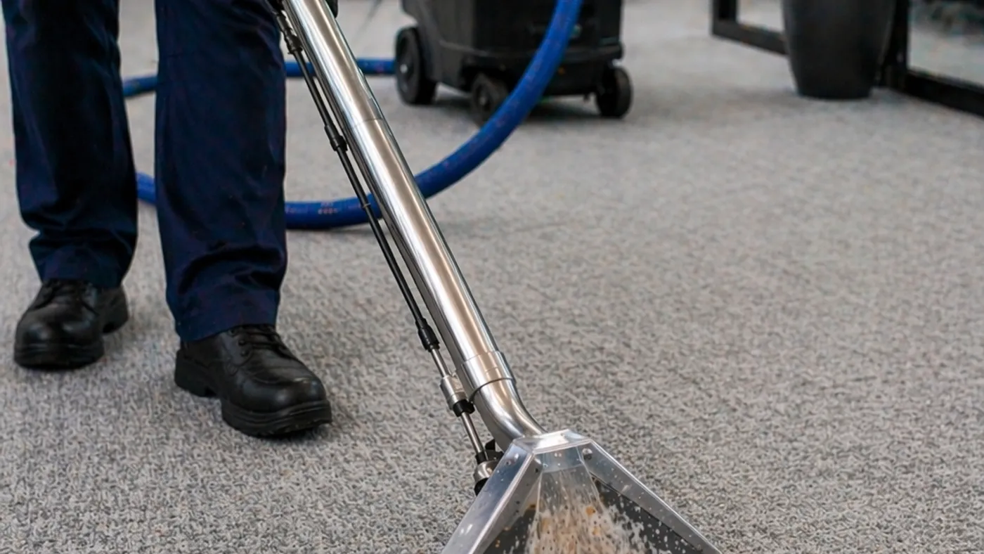 Technician hot-water extracting an office carpet in Bend, Oregon
