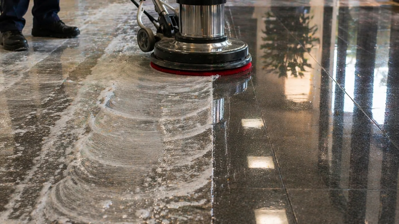Stripping and waxing a commercial VCT floor in Bend, Oregon