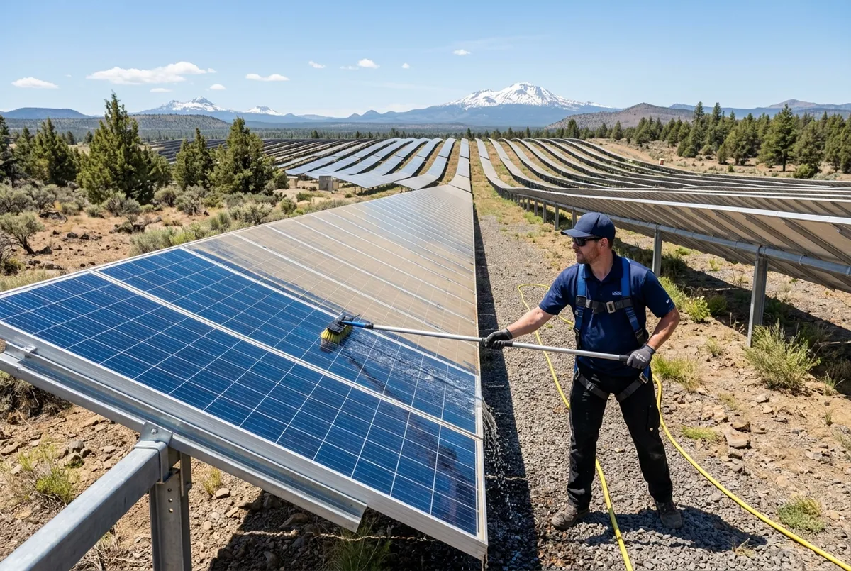 Technician cleaning an industrial ground-mount solar farm near Bend, Oregon