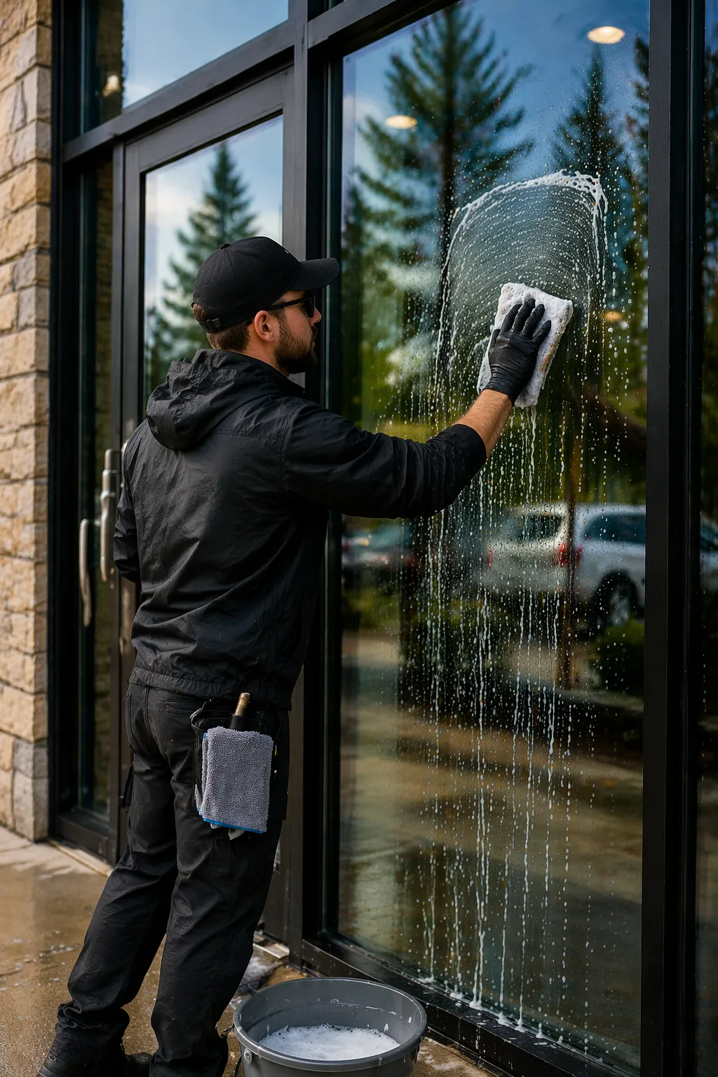 Hand-cleaning a first-floor storefront window in Bend, Oregon