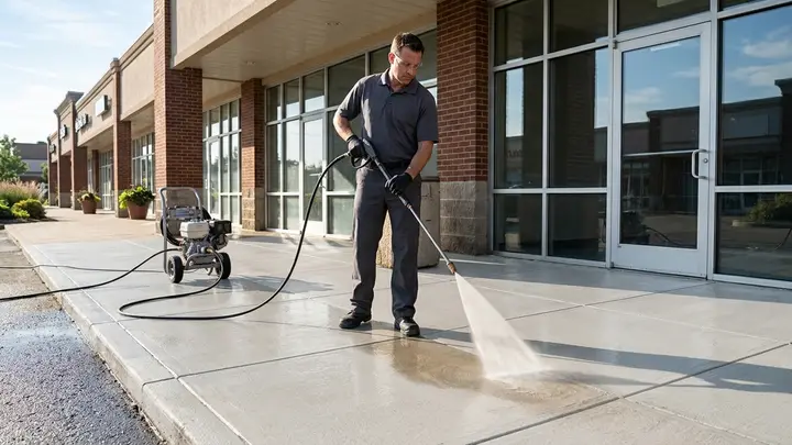 Commercial Pressure Washing in Bend, Oregon Pressure washing a concrete storefront walkway in Bend