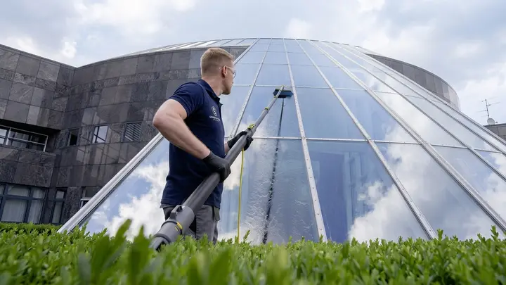 Commercial Window Cleaning in Bend, Oregon Cleaner squeegeeing a storefront window in Bend