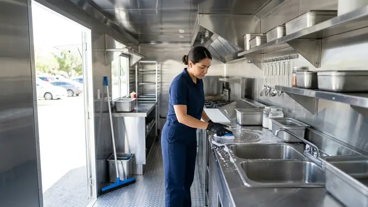 Food Truck Cleaning in Bend, Oregon Worker scrubbing the stainless interior of a Bend, Oregon food truck