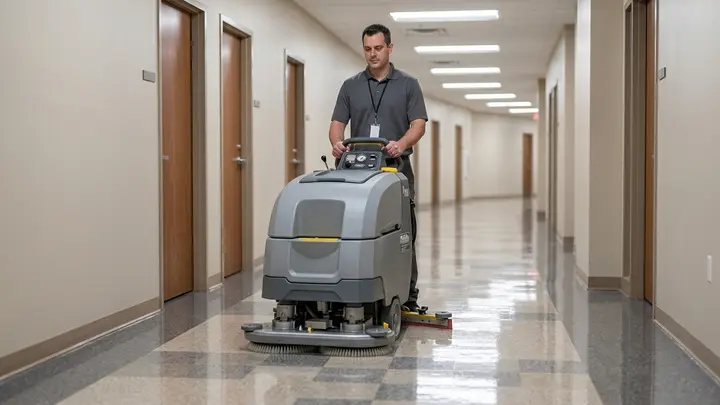Hard Floor Care and Strip-and-Wax in Bend, Oregon Worker buffing a glossy VCT tile corridor to a shine in a Bend, Oregon facility