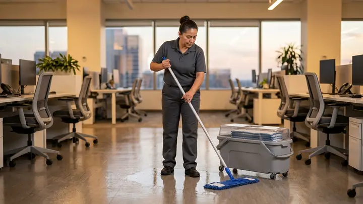 Commercial Janitorial Services in Bend, Oregon Janitor damp-mopping a Bend office floor after hours