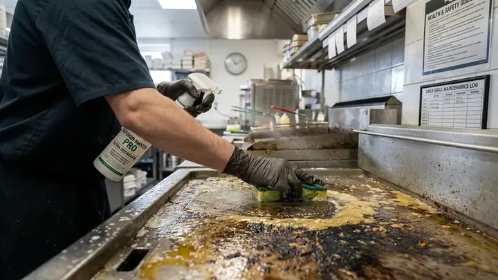 Restaurant Deep Cleaning in Bend, Oregon Worker degreasing a stainless commercial kitchen hood in a Bend, Oregon restaurant
