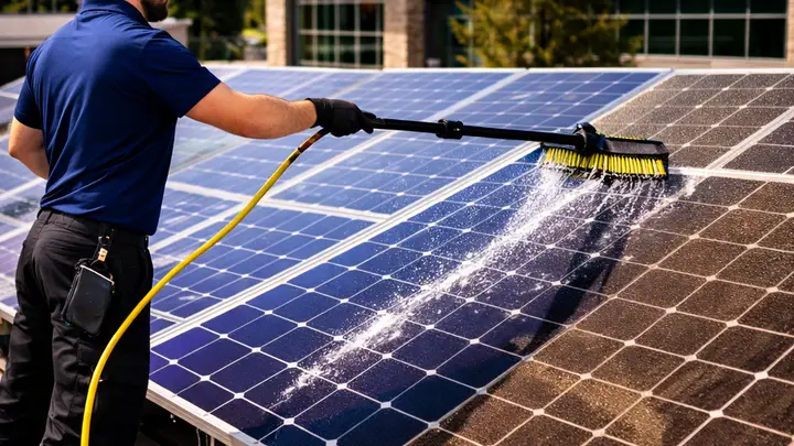 Solar Panel Cleaning in Bend, Oregon Technician rinsing a rooftop solar array with purified water in Bend, Oregon