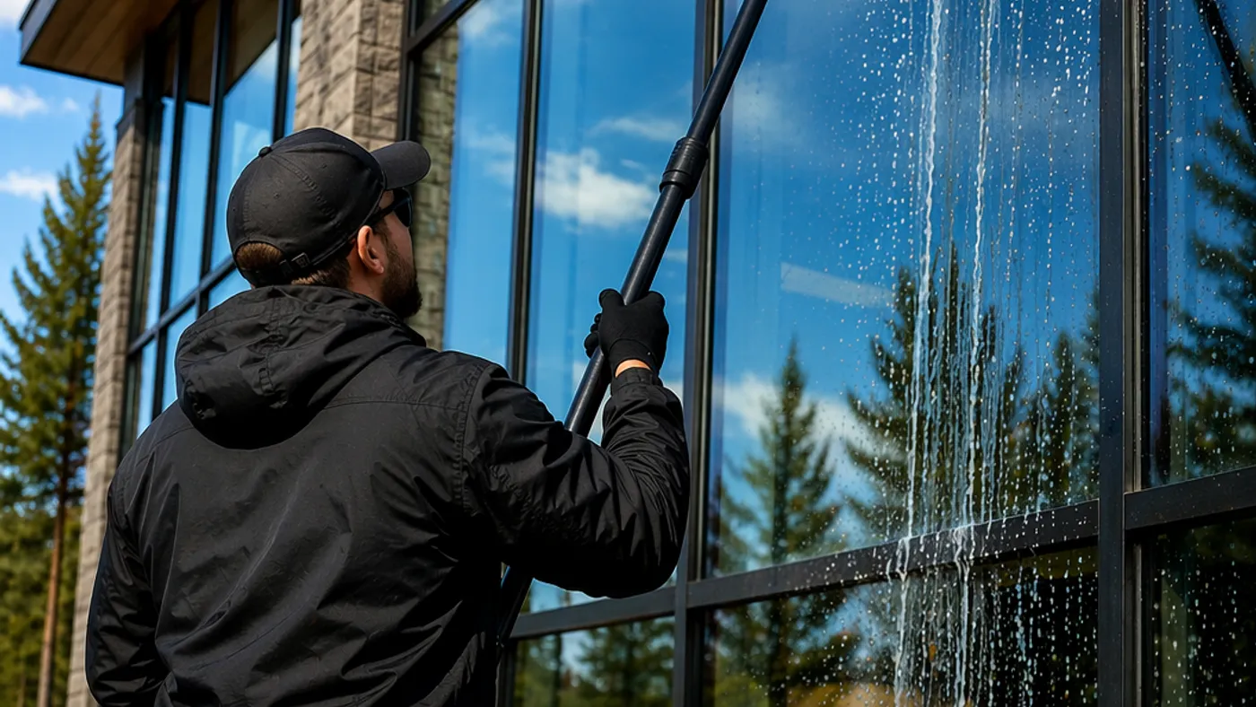 Cleaning upper-floor commercial windows with a water-fed pole in Bend, Oregon