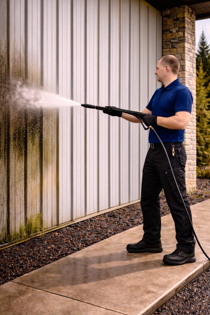 Pressure washing exterior of a commercial building in Bend Oregon