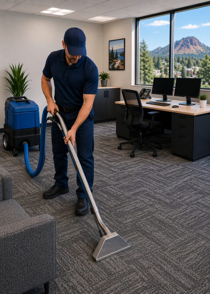Commercial carpet cleaning in a Bend office with a technician cleaning carpeted work areas