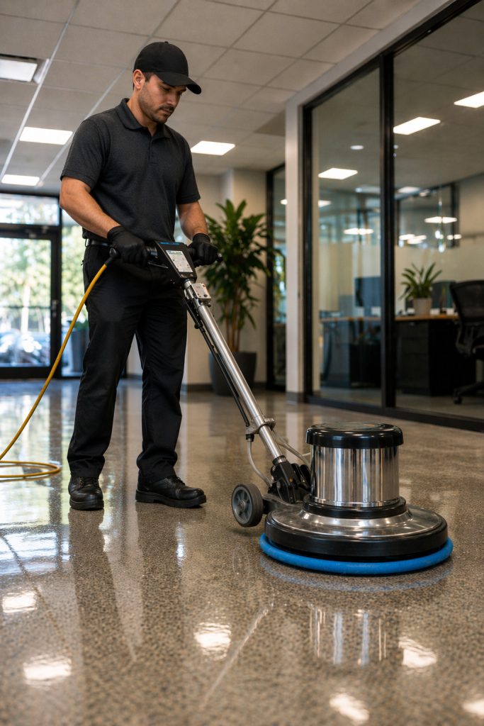 Commercial floor buffing in a Bend Oregon office with a machine polishing hard floors