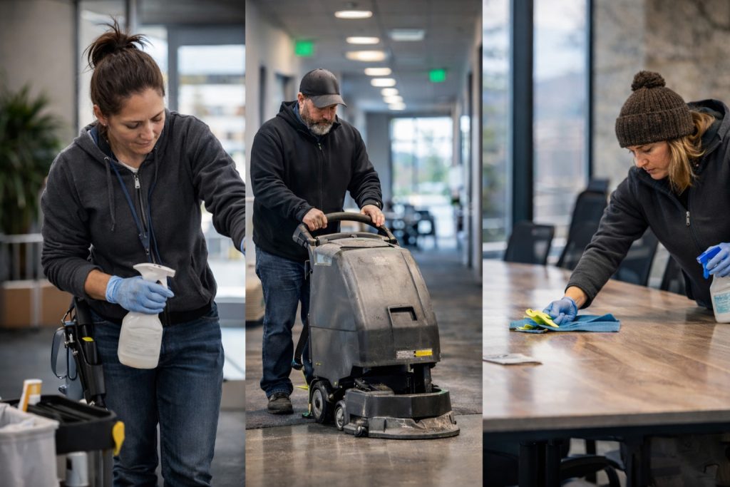 Janitorial cleaning team performing office disinfecting, floor scrubbing, and surface wiping in Bend, Oregon