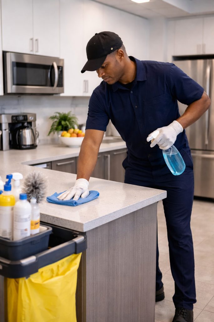 Commercial janitor wiping down a break room counter inside an office building in Bend, Oregon