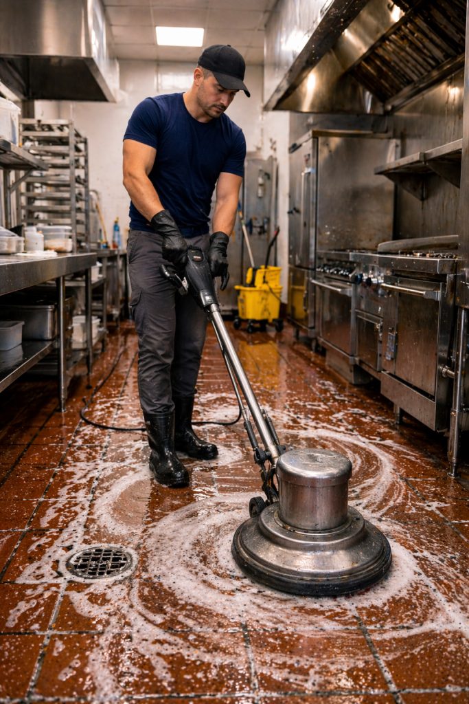 Commercial kitchen deep cleaning of the floor in a Bend Oregon restaurant